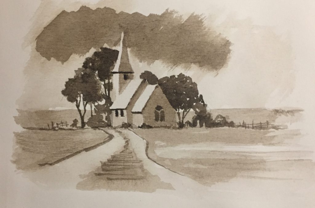 Chapelle - lavis aquarelle sépia